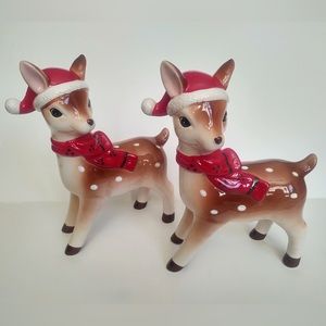 🎁Ceramic Deer in Holiday Scarf and Santa Hat - Set of 2 - NWOT